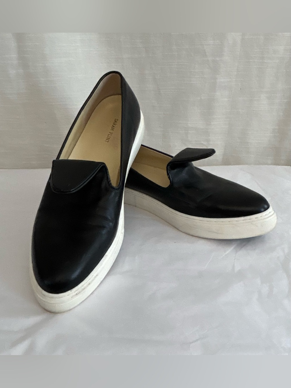 Sarah Flint Designer Neutral Black Minimalist Leather Slip-On Platform Sneakers